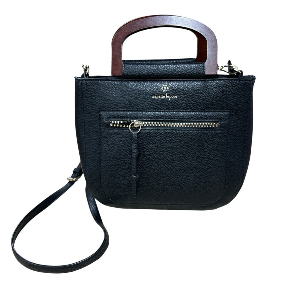 Nanette Lepore Black Handbag Satchel & Crossbody Wood Handle Structured Purse